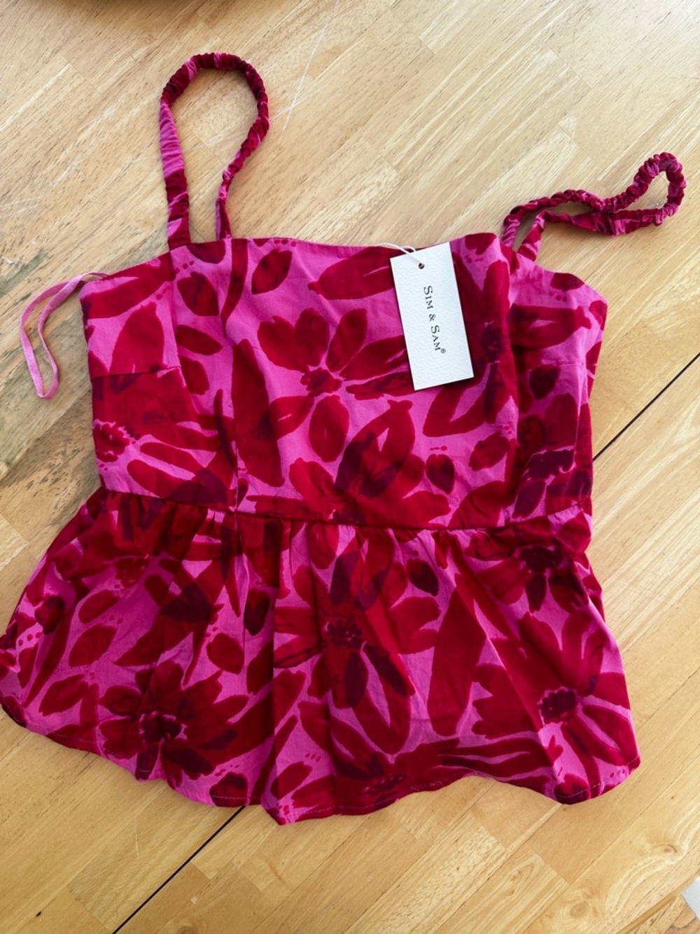 Sim & Sam Pink & Red Floral Peplum Tank Large NWT